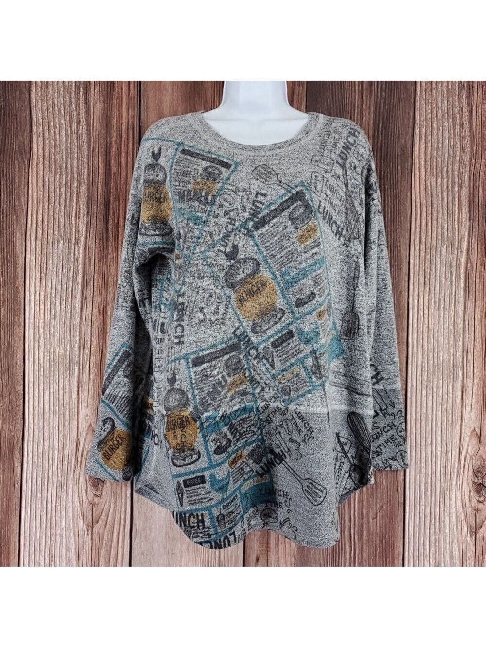 Inoah Wearable Art Womens Size Small Gray Lightweight Sweater Lunch Burger